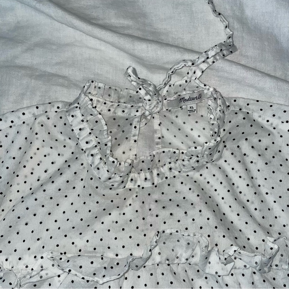 Madewell XL Mockneck Ruffle Top in Flocked Dot Shirt white long sleeve polka - Picture 4 of 8